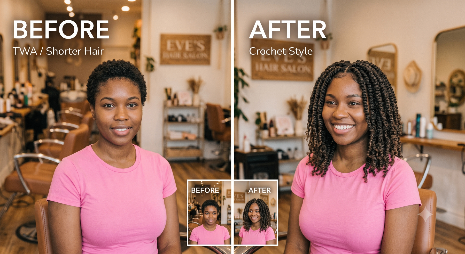 Before and after: short TWA transformed into voluminous crochet twists at Eve's Hair Salon Edmonton