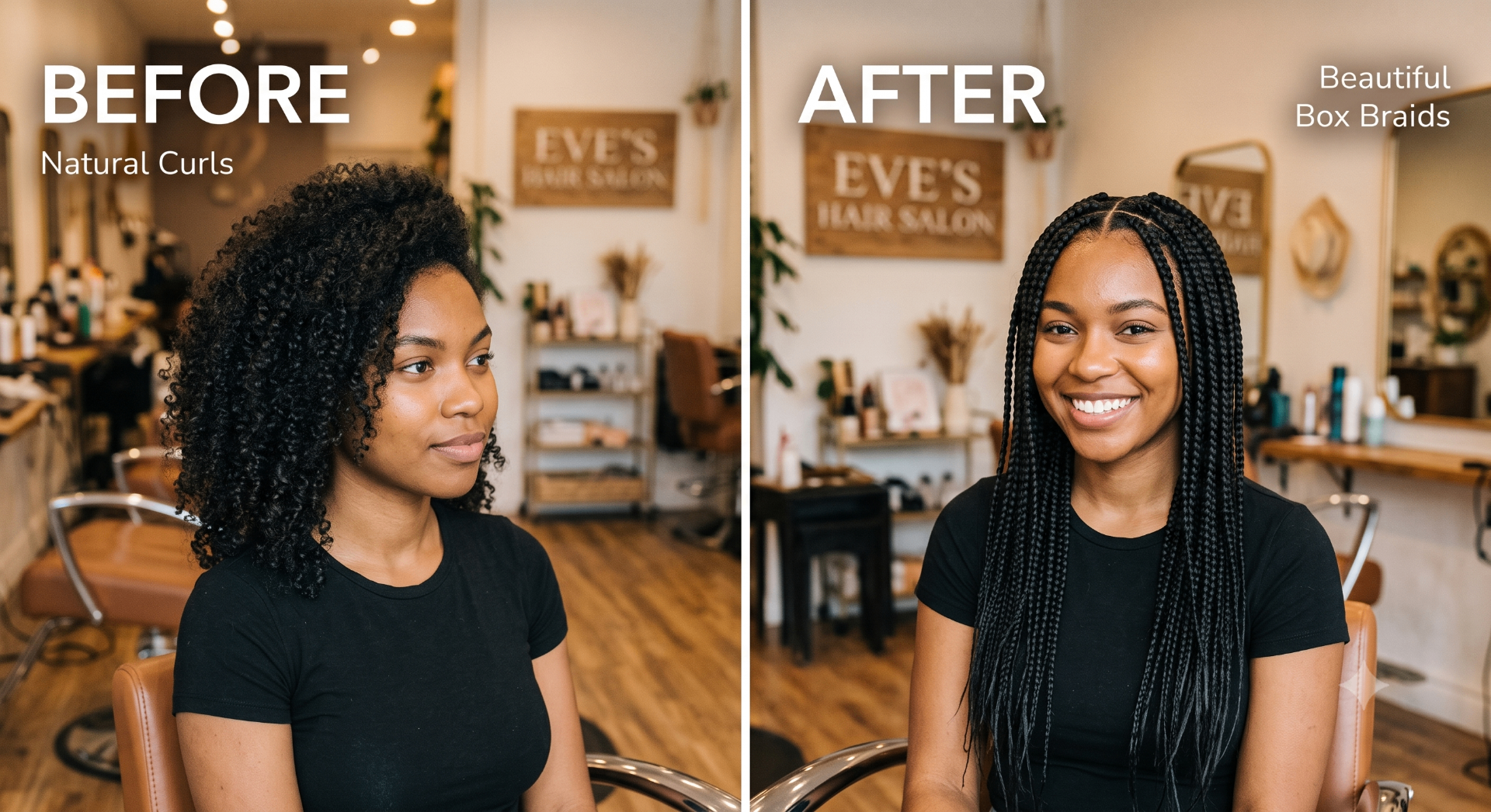 Before and after: natural curls transformed into long box braids at Eve's Hair Salon Edmonton