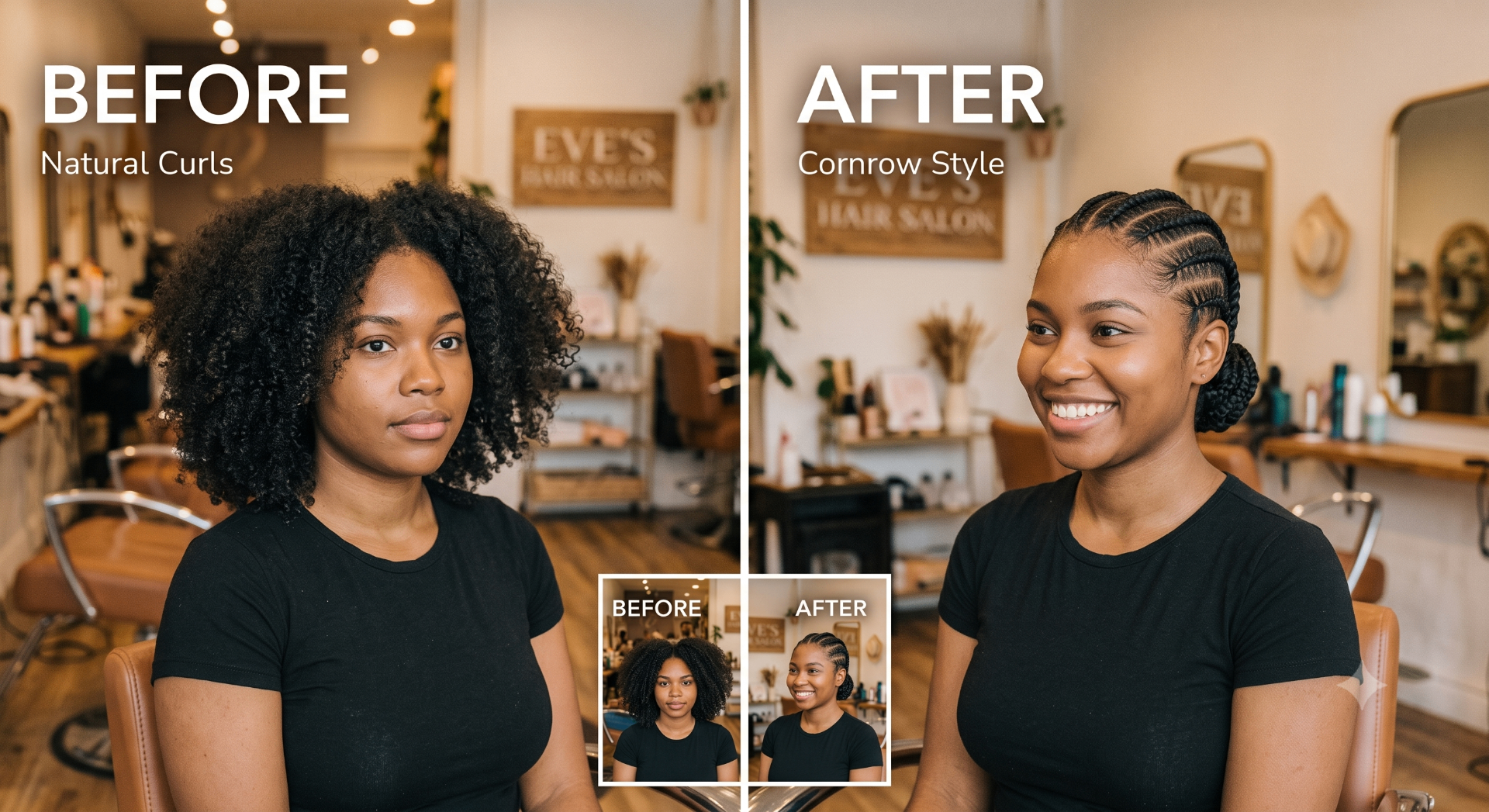 Before and after: natural curls styled into sleek cornrows with a low bun at Eve's Hair Salon Edmonton